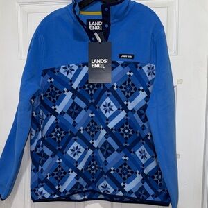 Lands' End Blue Patterned Women's fleece pullover geometric with pockets